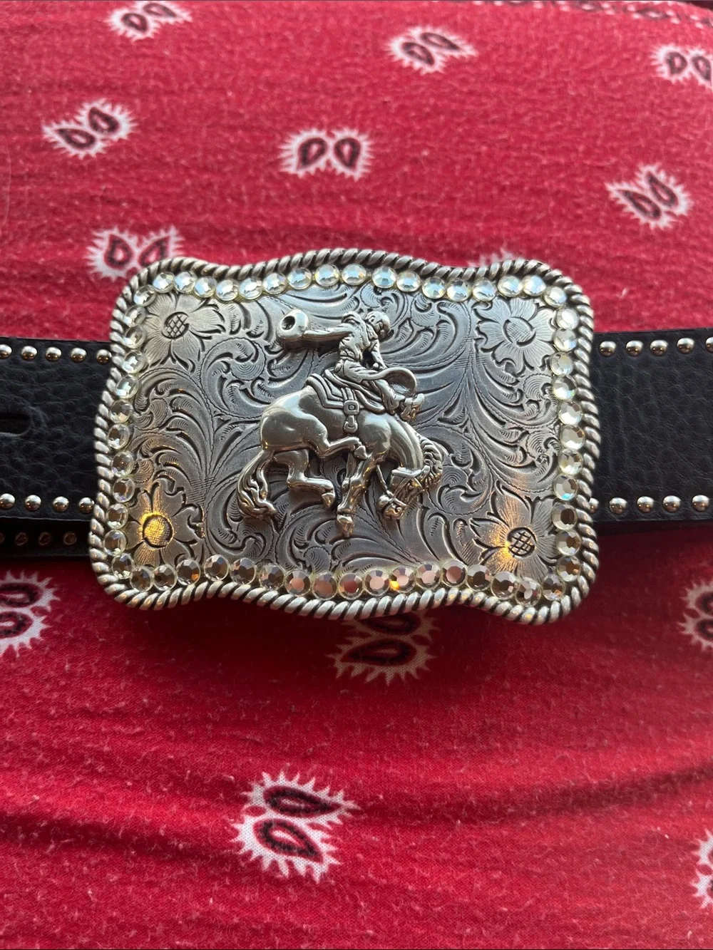 Nocona Black Leather Western Belt with Ornate Silver Rodeo Buckle sz S
